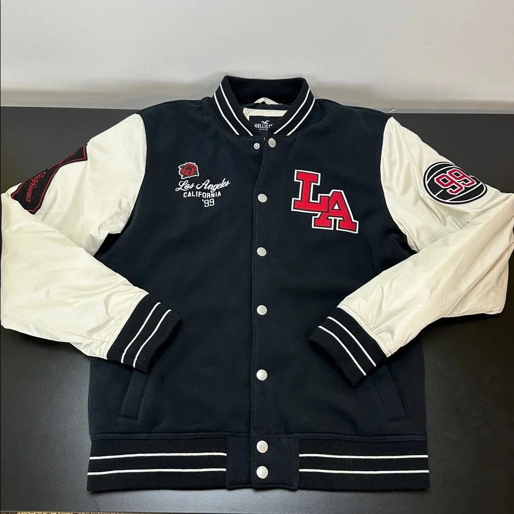 Hollister LA Varsity Bomber Jacket‎ Black Cream Size Large Snap Front Streetwear